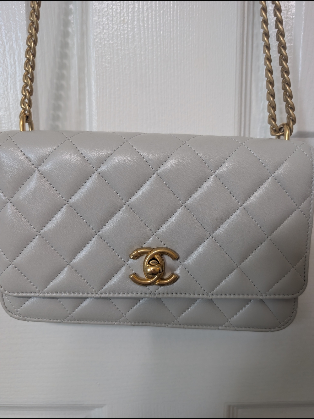 CHANEL Quilted Crossbody Bag in Light Gray with Gold Hardware